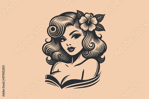 Retro pin-up style woman with flower and vintage tattoo design	