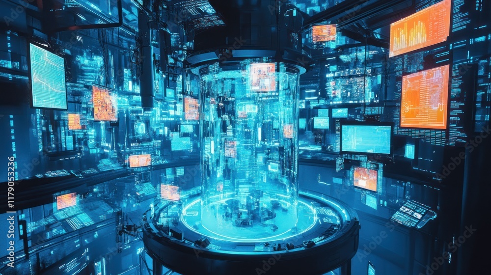 Futuristic control room with holographic displays showing data streams and networks. Futuristic control room with holographic displays showing data streams and networks.