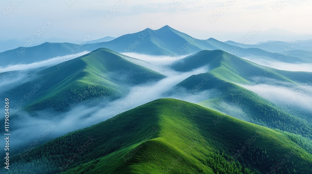 Fototapeta premium Lush green mountains with mist creating a serene and tranquil landscape.