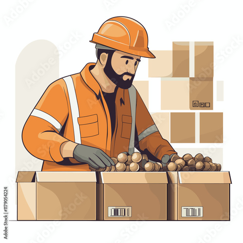 worker in a hard hat sorts items into three boxes at his workplace