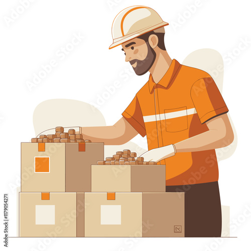 worker in a hard hat sorts items into three boxes at his workplace
