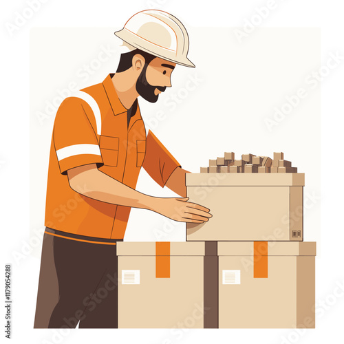 worker in a hard hat sorts items into three boxes at his workplace
