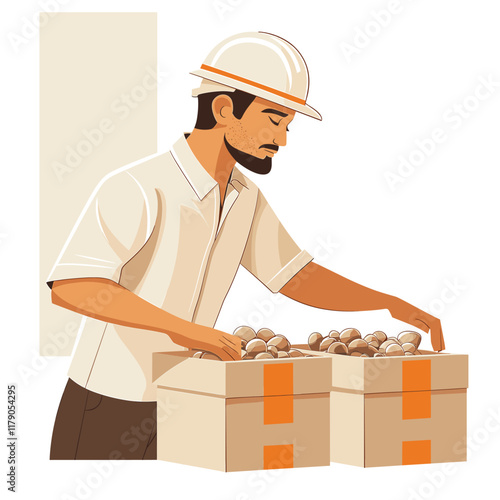 worker in a hard hat sorts items into three boxes at his workplace
