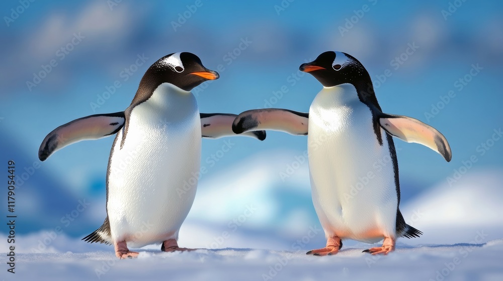 Obraz premium Two penguins are standing close to each other on a snowy surface. They are both facing the camera, and their posture suggests that they are comfortable and relaxed in each other's presence