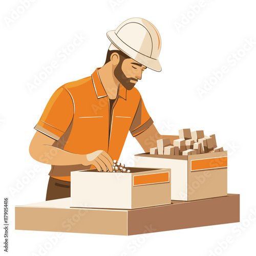 worker in a hard hat sorts items into three boxes at his workplace