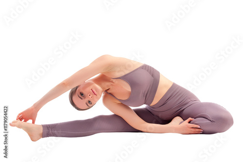 Beautiful young woman doing yoga exercise, isolated 