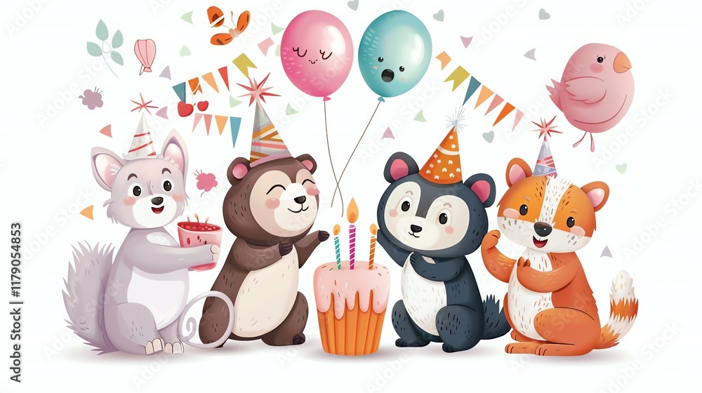 Naklejka premium A cartoon illustration of animals celebrating a birthday.