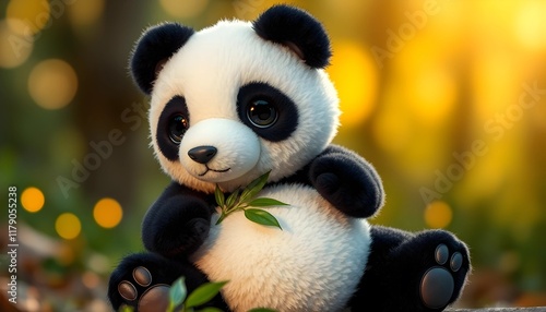 Adorable Cartoon Panda Cub Eating Bamboo in a Forest photo