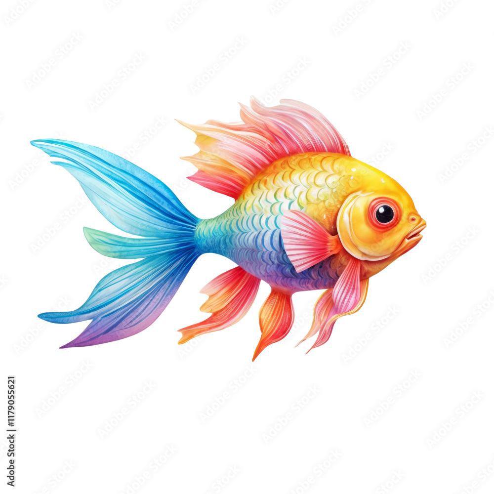 Fototapeta premium Rainbow Goldfish: A vibrant, whimsical illustration of a goldfish with iridescent, rainbow-colored fins. Perfect for children's books, websites, or any project needing a touch of magical realism. 