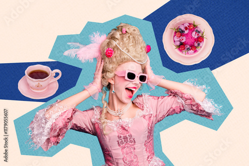 3D collage poster template trend of rococo style feather royal costume aristocracy drink cup tea cake eat food excited smile eyewear photo