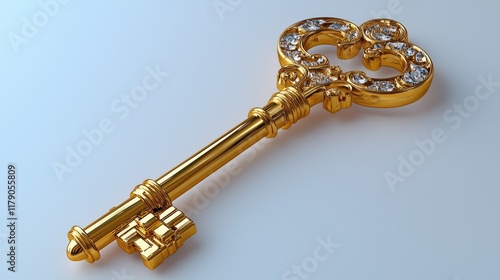Ornate gold key with diamonds on a plain white background;  representing opportunity, access, or unlocking potential.