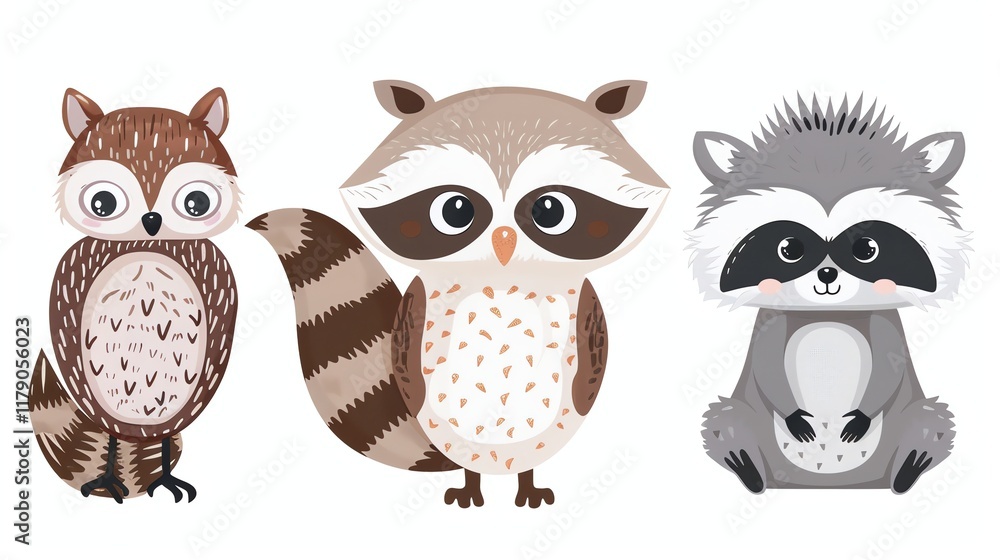 A cartoon illustration of three animals - a raccoon, an owl and a rabbit. A cartoon illustration of three animals - a raccoon, an owl and a rabbit.