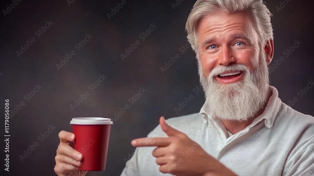 Smiling Senior Man Joyfully Presents Coffee Cup Photo: Close-Up Shot Against Dark Background. AI Generated Smiling Senior Man Joyfully Presents Coffee Cup Photo: Close-Up Shot Against Dark Background. AI Generated