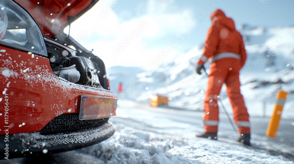 Winter lifestyle routine concept. A person in an orange outfit examines a car with its hood open, set against a snowy landscape and winter scenery. Winter lifestyle routine concept. A person in an orange outfit examines a car with its hood open, set against a snowy landscape and winter scenery.