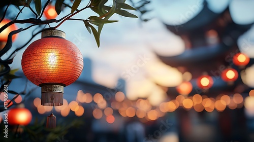 Towering traditional pagoda structure surrounded by a display of glowing red paper lanterns against a blurred cityscape during the evening dusk  The scene creates a serene and atmospheric environment photo