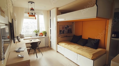 A compact apartment with multifunctional furniture and a fold out bed photo