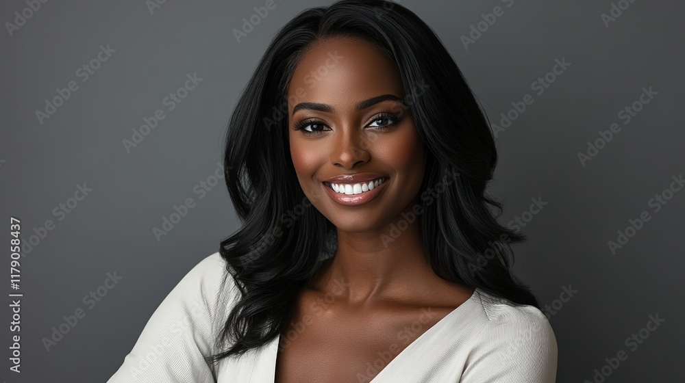 A confident woman with a radiant smile poses for a portrait, showcasing her lustrous and healthy hair. The image conveys the results of a successful keratin treatment or the natural strength A confident woman with a radiant smile poses for a portrait, showcasing her lustrous and healthy hair. The image conveys the results of a successful keratin treatment or the natural strength
