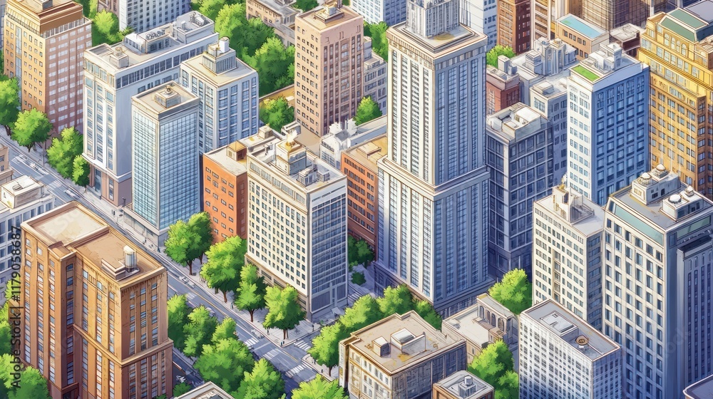 Obraz premium Aerial view of a city with skyscrapers, streets, and trees.