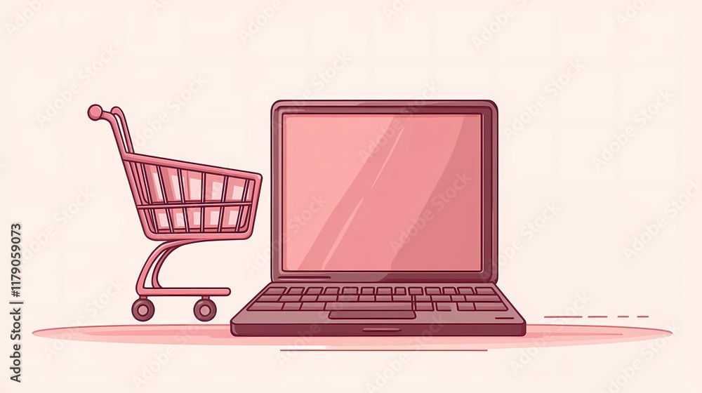 Laptop illustration with floating shopping cart icons and colorful symbols, representing e-commerce and online marketplaces in a modern style. Laptop illustration with floating shopping cart icons and colorful symbols, representing e-commerce and online marketplaces in a modern style.