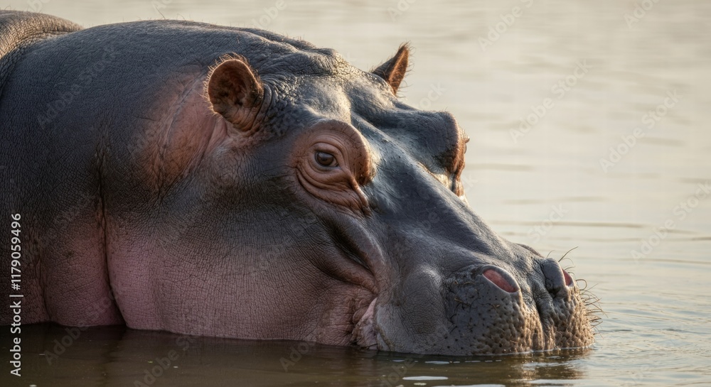 Close-up of a hippo in water at sunset Close-up of a hippo in water at sunset