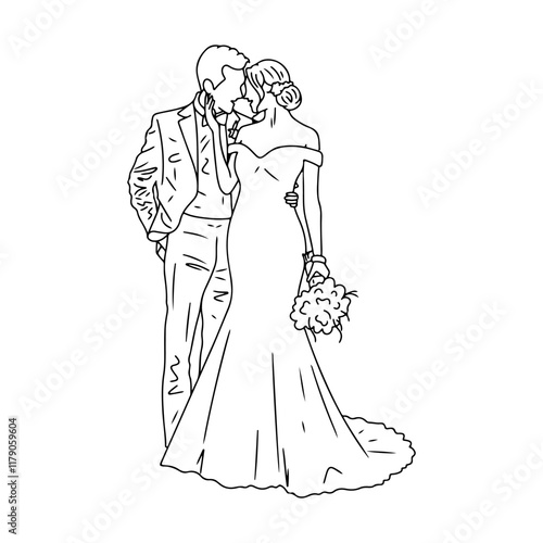 Wedding couple line art cartoon, digital art illustration.
