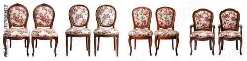 A set of elegant antique floral upholstered carved wooden dining chairs in a traditional baroque style interior design  The chairs feature ornate intricate carvings rich velvet or brocade upholstery photo