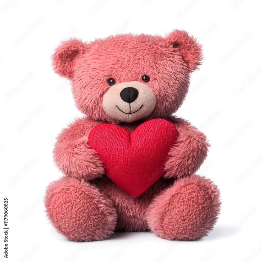 Obraz premium A teddy bear holding a red heart in its arms, sitting with a shy expression, isolated on white background 