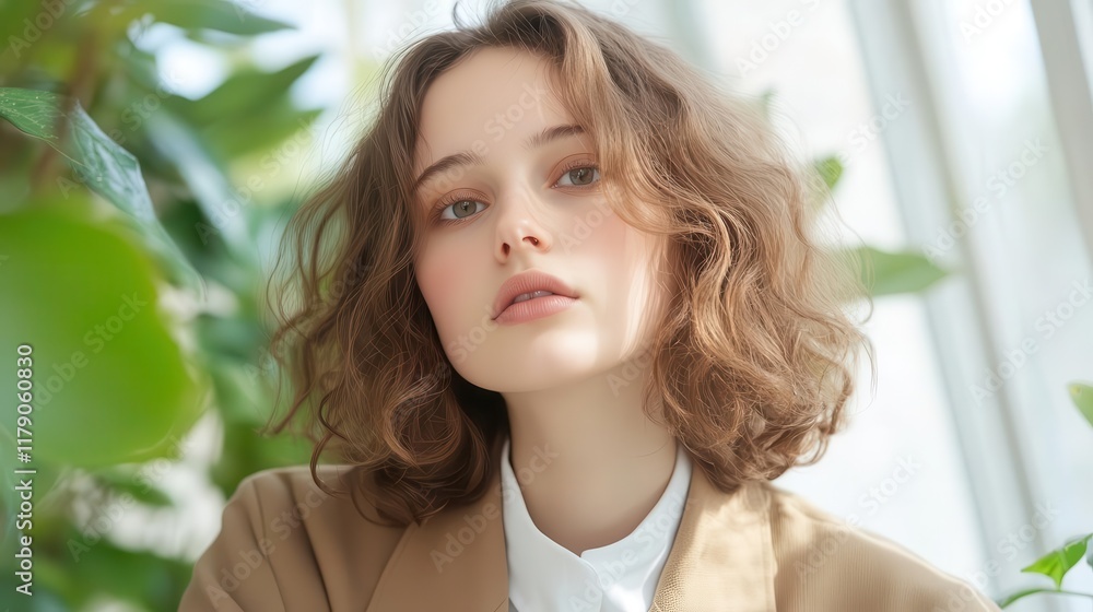 Fototapeta premium An eco-fashion photoshoot showcasing a model donning biodegradable clothing, against a vibrant spring setting, captured in a contemporary editorial flair.