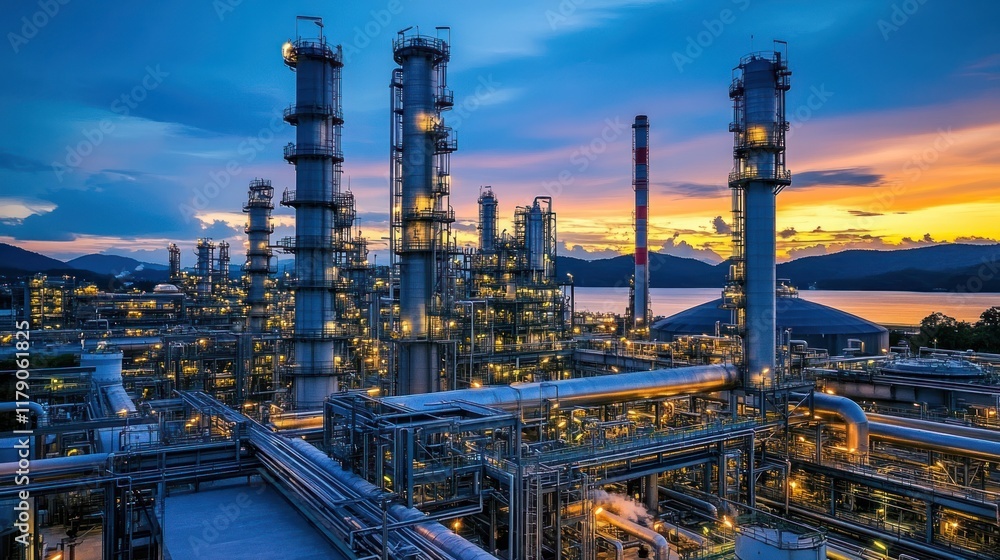 Illuminated industrial refinery complex at sunset over water. Illuminated industrial refinery complex at sunset over water.