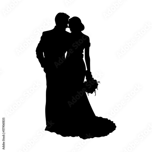 Wedding couple silhouette cartoon, digital art illustration.