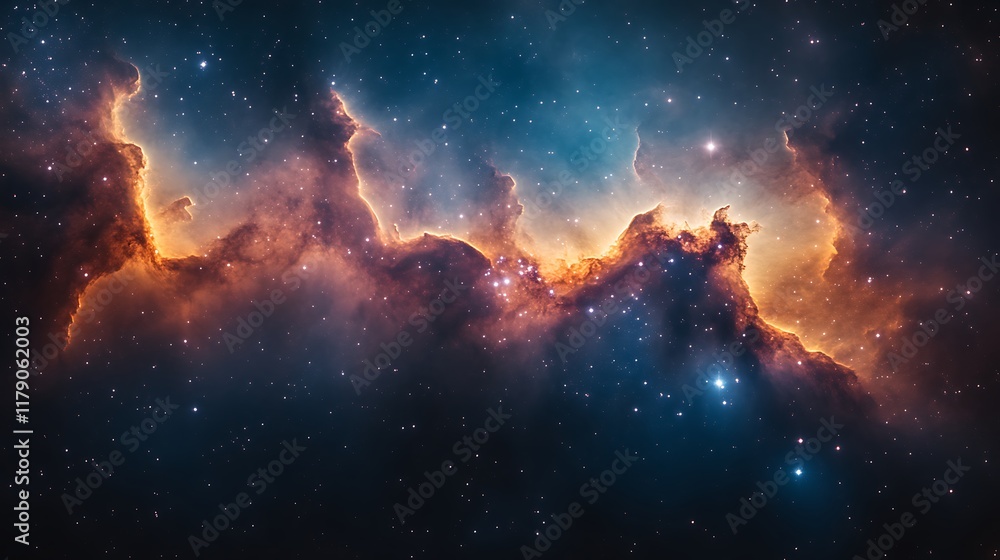 Cosmic nebula with vibrant orange and blue hues, stars, and gas clouds. Cosmic nebula with vibrant orange and blue hues, stars, and gas clouds.