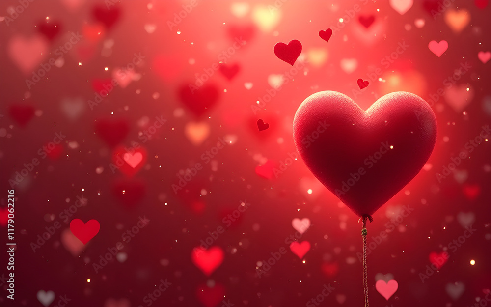 Big red textured heart hanging from a string floating on a blurred background with small hearts and bokeh effect, celebrating Valentine's day with love and affection Big red textured heart hanging from a string floating on a blurred background with small hearts and bokeh effect, celebrating Valentine's day with love and affection