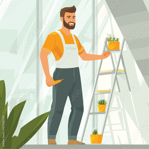 Worker holding hanging planters near a large window, green plant.