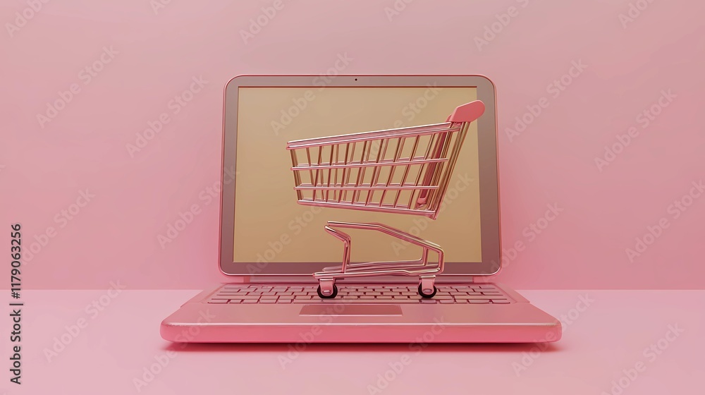 Abstract design with a laptop and shopping icons, showcasing e-commerce and digital shopping concepts in a vibrant and minimalist illustration. Abstract design with a laptop and shopping icons, showcasing e-commerce and digital shopping concepts in a vibrant and minimalist illustration.