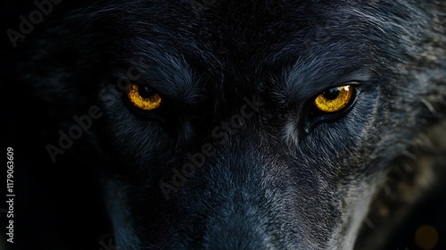 Close-up of a black wolf's intense golden eyes in low light.