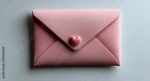 Valentine Day Pink Envelope with Heart Button on Blue Background

