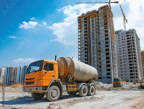 Concrete mixer truck delivers to high-rise construction site photo