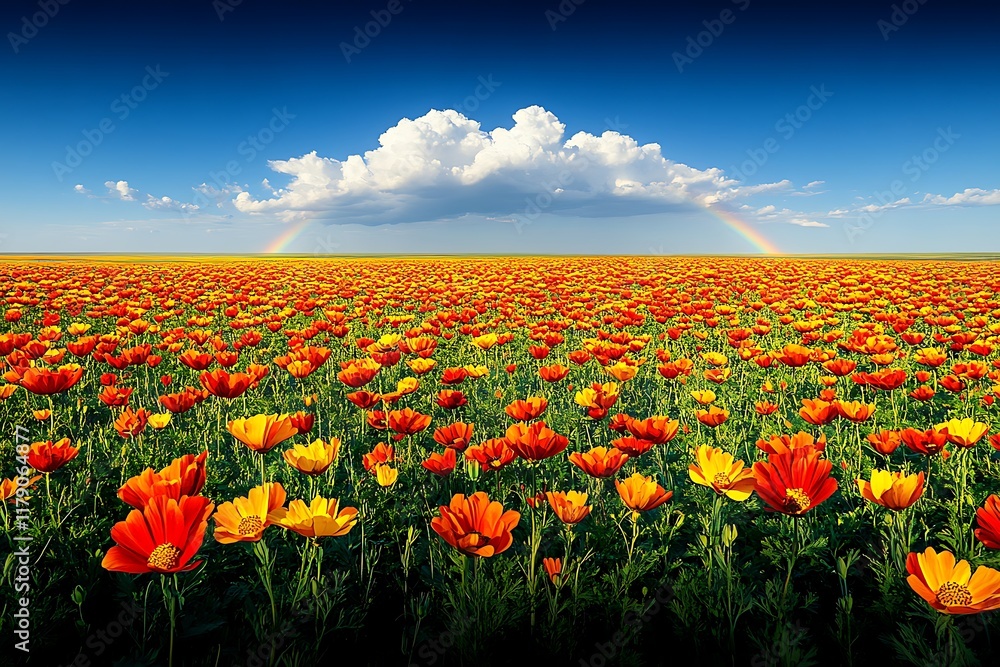 Vibrant Orange Flower Field Under a Cloudy Sky