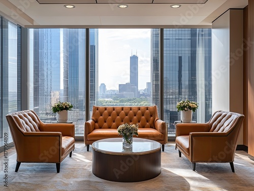 Modern office lounge with city view; relaxing space photo