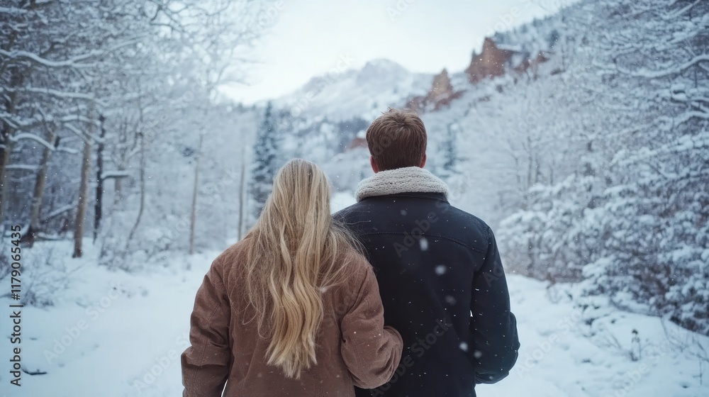 Obraz premium Couple walking snowy path, winter landscape.
