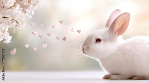 Cute rabbit and heart, Valentine's Day, A charming pink rabbit blowing kisses surrounded by tiny hearts, rendered in high fidelity, perfect for whimsical and romantic themes. photo