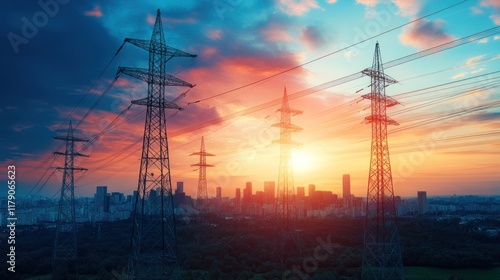 Power lines stretching across a city skyline at sunset.  Silhouette of electrical pylons against a colorful sky with urban cityscape in the foreground. photo