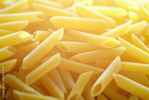 Penne pasta uncooked close-up high quality. Raw penne Italian food. photo