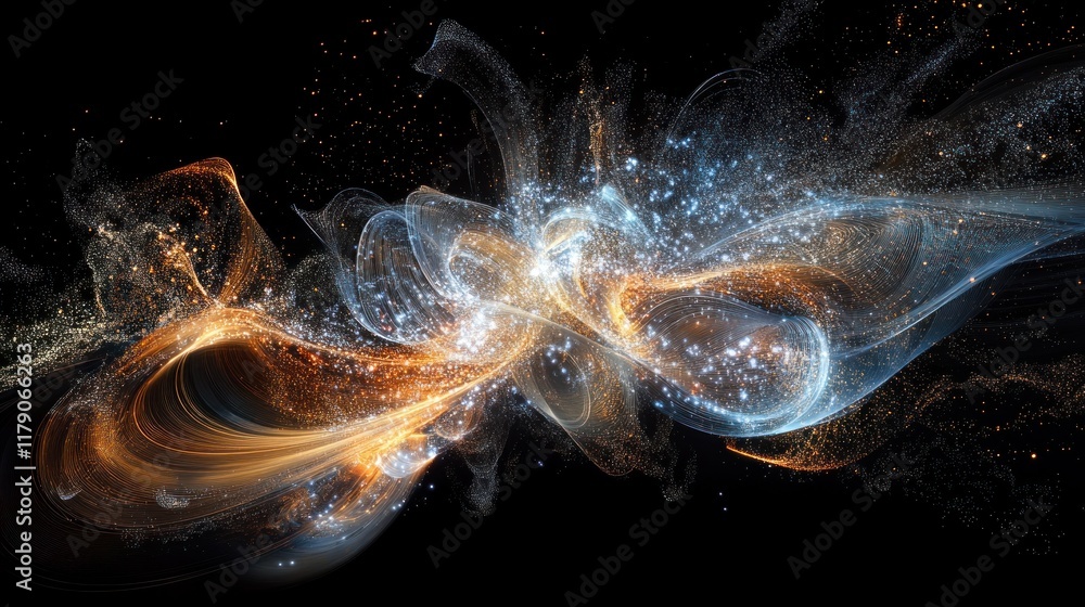 Obraz premium Abstract swirling cosmic nebula with orange and blue glowing particles.