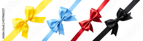 Collection set of many colorful satin gift ribons and bows isolated on transparent background.