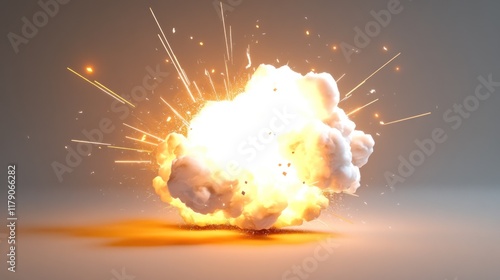 Powerful explosion, intense blast, radiating energy, white cloud, bright light,  sparkling effect,  dynamic motion,  powerful force,  impact,  shockwave,  explosion cloud,  fiery,  heat,  energy relea photo