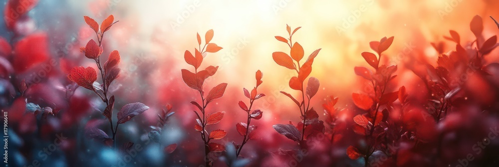 Serene Sunrise Over Vivid Red Autumn Foliage with Glowing Light and Gentle Morning Mist Serene Sunrise Over Vivid Red Autumn Foliage with Glowing Light and Gentle Morning Mist