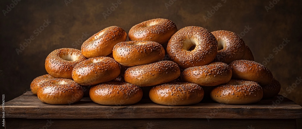 A pile of freshly baked bagels with sesame seeds on a wooden table.