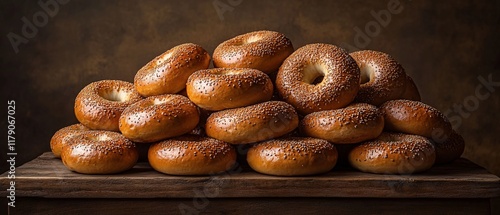 Obraz na płótnie A pile of freshly baked bagels with sesame seeds on a wooden table. w salonie