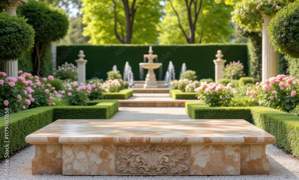Elegant garden with a central fountain Elegant garden with a central fountain